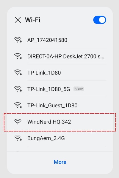 WindNerd HQ in access point mode showing on Wi-Fi network list
