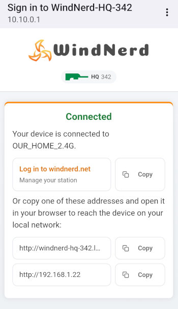 WindNerd HQ has successfuly connected to Wi-Fi