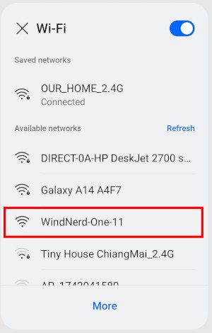 Windnerd One in access point mode showing on WiFi network list