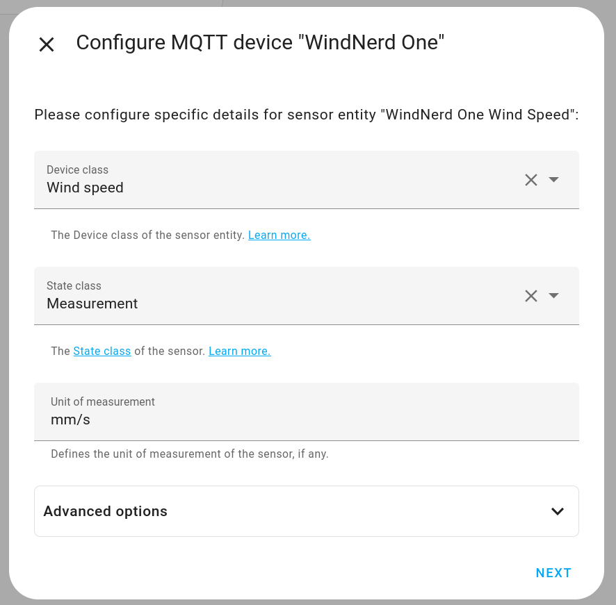MQTT wind speed entity second step