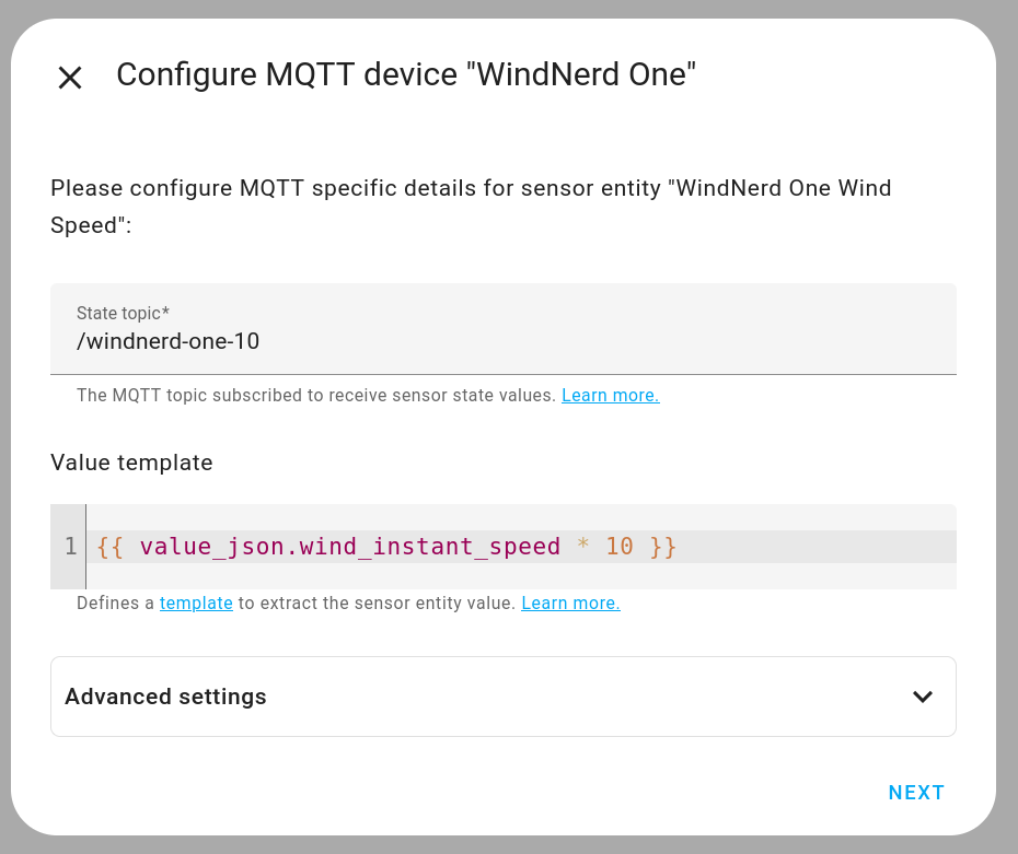 MQTT wind speed entity third step
